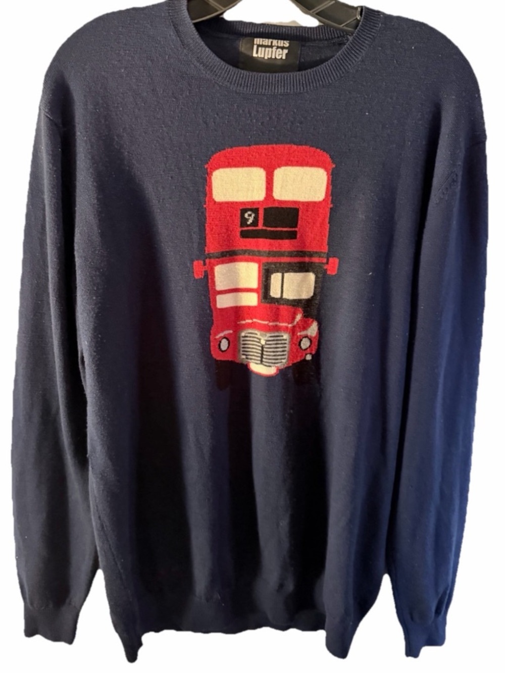 markus lupfer sweater London Double Decker Bus Size Large Blue